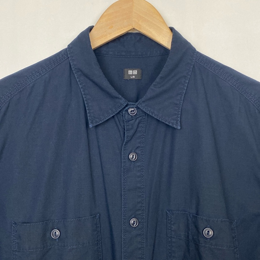 Uniqlo L Utility Shirt Overshirt Military Navy Blue Relaxed Fit Cotton Pockets